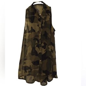 Sheer sleeveless button down army print